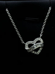 LIV Platinum Sterling Silver .925 White Sapphire Baguette Heart Halo Design Necklace