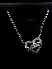 LIV Platinum Sterling Silver .925 White Sapphire Baguette Heart Halo Design Necklace