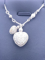LIV Platinum Sterling Silver White Sapphire Pave Double Heart Halo Design Necklace