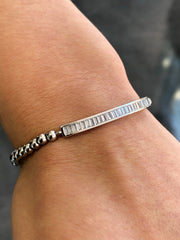 LIV Silver Stainless Steel Round Bead Crystal Bar Design Stretch Bracelet Stackable