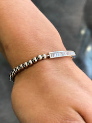 LIV Silver Stainless Steel Round Bead Crystal Bar Design Stretch Bracelet Stackable