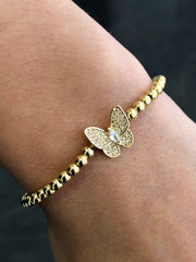 LIV Yellow Gold Stainless Steel Bead Butterfly Design Stretch Bracelet Stackable