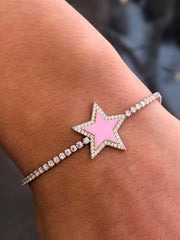 LIV Platinum Sterling Silver Pave White Sapphire Pink Enamel Star Tennis Bracelet