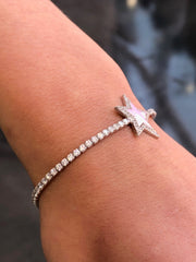 LIV Platinum Sterling Silver Pave White Sapphire Pink Enamel Star Tennis Bracelet