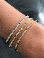 LIV 3 Tri Color Gold & Diamonds Pave Set 1.62ct G/VS1 Thin Spike Bangle Bracelets 7"