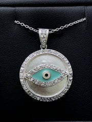 LIV Platinum Sterling Silver White Sapphire Evil Eye Halo Disk Enamel Necklace Gift