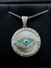 LIV Platinum Sterling Silver White Sapphire Evil Eye Halo Disk Enamel Necklace Gift