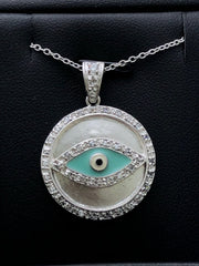 LIV Platinum Sterling Silver White Sapphire Evil Eye Halo Disk Enamel Necklace Gift