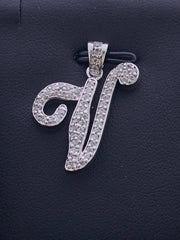 LIV Platinum Sterling Silver Pave White Sapphire Initial V Script Halo Necklace Gift