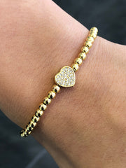 LIV Yellow Gold Stainless Steel Bead Pave Heart Design Stretch Bracelet Stackable
