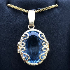 LIV 14k Yellow Gold Blue Topaz Large Oval Shape Vintage Design Halo Pendant Necklace