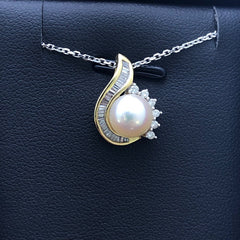 LIV 14k Yellow Gold Diamonds & Pearl Swirl Halo Design Baguette Channel Set Necklace