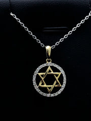LIV 14k Two Tone Gold & Diamonds Star of David Pave Halo Design Necklace