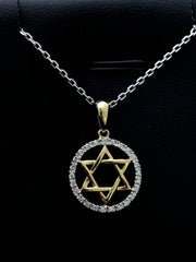 LIV 14k Two Tone Gold & Diamonds Star of David Pave Halo Design Necklace