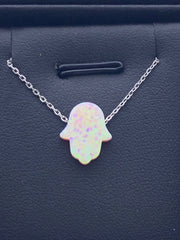 LIV Platinum Sterling Silver Pink Opal Hamsa Design Hand of God Good Luck Necklace