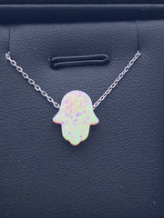 LIV Platinum Sterling Silver Pink Opal Hamsa Design Hand of God Good Luck Necklace
