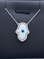LIV Platinum Sterling Silver Mother of Pearl Hamsa Design Hand of God Luck Necklace