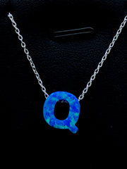 LIV Platinum Sterling Silver .925 Blue Opal Initial Q Alphabet Name Necklace Gift