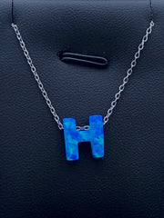 LIV Platinum Sterling Silver .925 Blue Opal Initial H Alphabet Name Necklace Gift