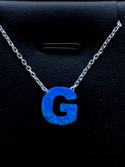 LIV Platinum Sterling Silver .925 Blue Opal Initial G Alphabet Name Necklace Gift