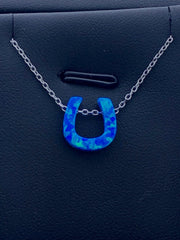 LIV Platinum Sterling Silver .925 Blue Opal Horseshoe Good Luck Stackable Necklace