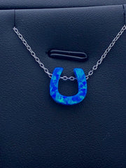 LIV Platinum Sterling Silver .925 Blue Opal Horseshoe Good Luck Stackable Necklace