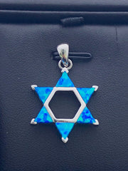 LIV Platinum Sterling Silver .925 Blue Opal Star of David Design Stackable Necklace