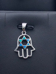 LIV Platinum Sterling Silver .925 Blue Opal Hamsa Hand God Design Stackable Necklace