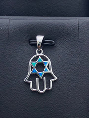 LIV Platinum Sterling Silver .925 Blue Opal Hamsa Hand God Design Stackable Necklace