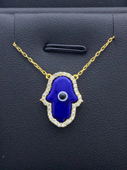 LIV Platinum Sterling Silver .925 Blue Resin Eye Hamsa Hand Design Halo Necklace
