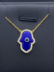 LIV Platinum Sterling Silver .925 Blue Resin Eye Hamsa Hand Design Halo Necklace