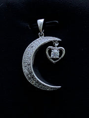 LIV Platinum Sterling Silver White Sapphire Pave Moon & Star Design Necklace Gift