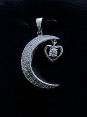 LIV Platinum Sterling Silver White Sapphire Pave Moon & Star Design Necklace Gift