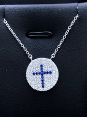 LIV Platinum Sterling Silver .925 White & Blue Sapphire Cross Disk Halo Necklace