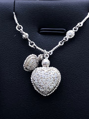 LIV Platinum Sterling Silver White Sapphire Pave Double Heart Halo Design Necklace