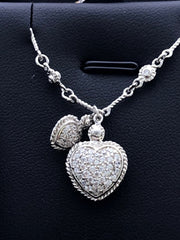 LIV Platinum Sterling Silver White Sapphire Pave Double Heart Halo Design Necklace
