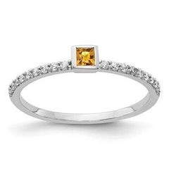 LIV 14k White Gold & Diamonds Yellow Citrine Princess Halo Stackable Band Ring