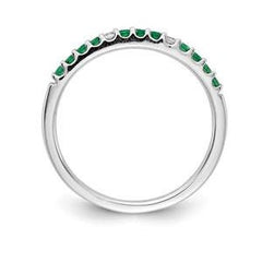 LIV 14k White Gold Pave Diamonds & Green Emeralds 2mm Wide Stackable Band Ring