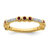 LIV 14k Yellow Gold Pave Diamonds & Halo Red Ruby 2mm Wide Stackable Band Ring