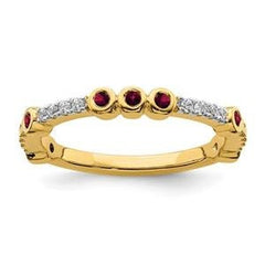 LIV 14k Yellow Gold Pave Diamonds & Halo Red Ruby 2mm Wide Stackable Band Ring
