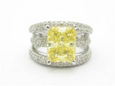 LIV 14k White Gold & Diamonds Wide Design Radiant Cushion Yellow Sapphire Band Ring