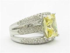 LIV 14k White Gold & Diamonds Wide Design Radiant Cushion Yellow Sapphire Band Ring