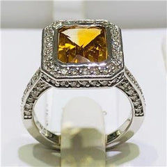 LIV 14k White Gold & Diamonds 1.56ct G-SI1 Golden Topaz 3.98ct Emerald Halo Ring