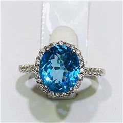 LIV 14k White Gold & Diamonds 0.50ct G-SI1 Blue Topaz 2.65ct Oval Halo Ring