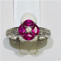 LIV 14k White Gold & Diamonds 0.40ct Red Ruby 1.03ct Round Halo Band Ring