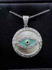 LIV Platinum Sterling Silver White Sapphire Evil Eye Halo Disk Enamel Necklace Gift
