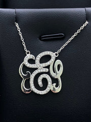 LIV Platinum Sterling Silver Pave White Sapphire Initial E Design Monogram Necklace