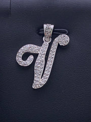 LIV Platinum Sterling Silver Pave White Sapphire Initial V Script Halo Necklace Gift