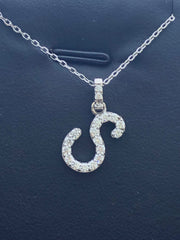 LIV 14k White Gold Genuine Diamonds Initial S Script Design Pave Halo Necklace Gift
