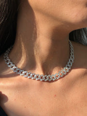 LIV Platinum Sterling Silver Baguette White Sapphire 12mm Cuban Link Choker Necklace